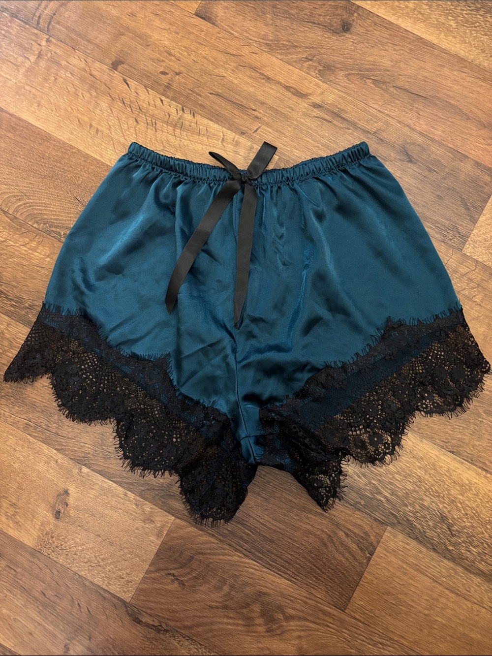 Silk-Like Teal Lace Trim Shorts